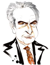 John Banville, novelista y guionista irlandés; escritor de crímenes bajo el seudónimo Benjamin Black; caricatura con corbata de lazo